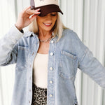 Mineral Washed Collared Button Down Knit Shacket In Light Blue - Infinity Raine