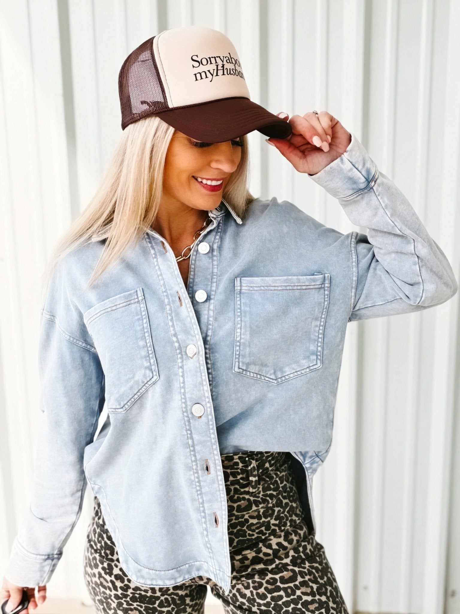 Mineral Washed Collared Button Down Knit Shacket In Light Blue - Infinity Raine