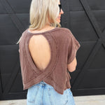 Mineral Washed Cross Detailed Open Back Top In Chocolate - Infinity Raine