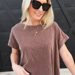 Mineral Washed Cross Detailed Open Back Top In Chocolate - Infinity Raine