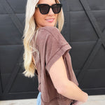 Mineral Washed Cross Detailed Open Back Top In Chocolate - Infinity Raine