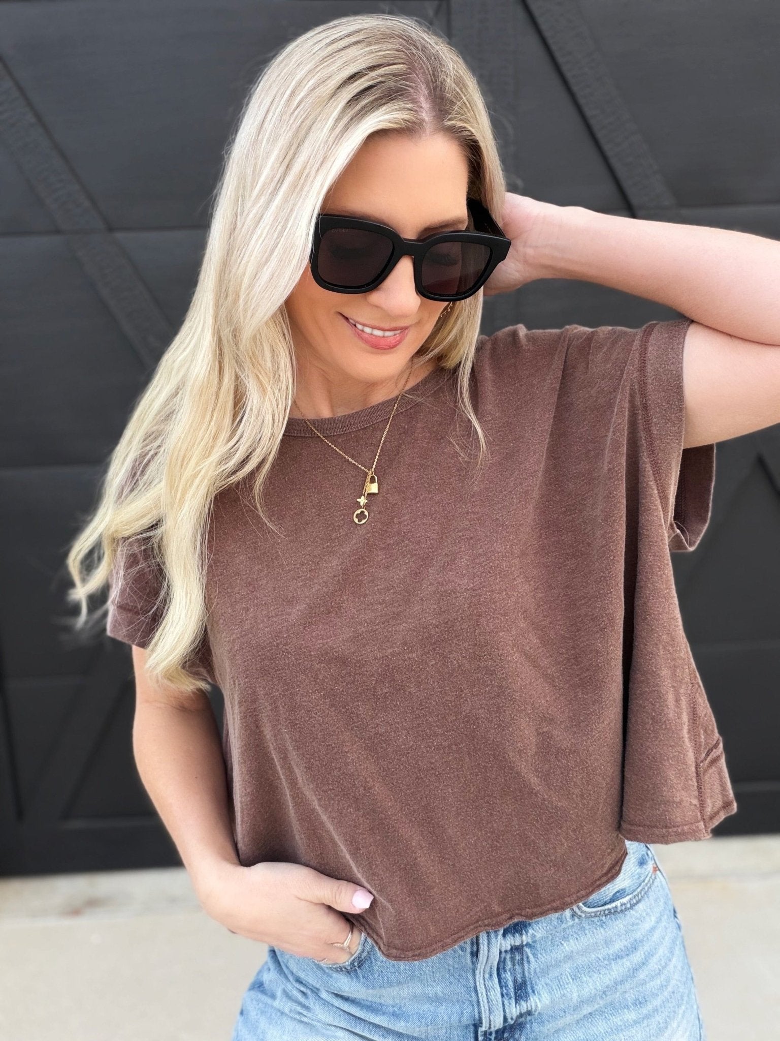 Mineral Washed Cross Detailed Open Back Top In Chocolate - Infinity Raine