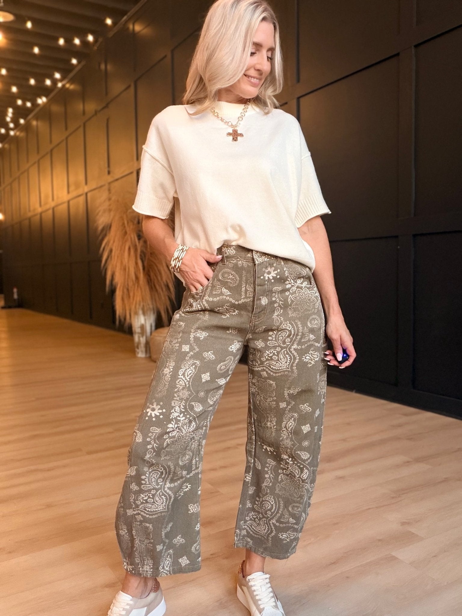 Mineral Washed Paisley Printed Barrel Jeans - Infinity Raine