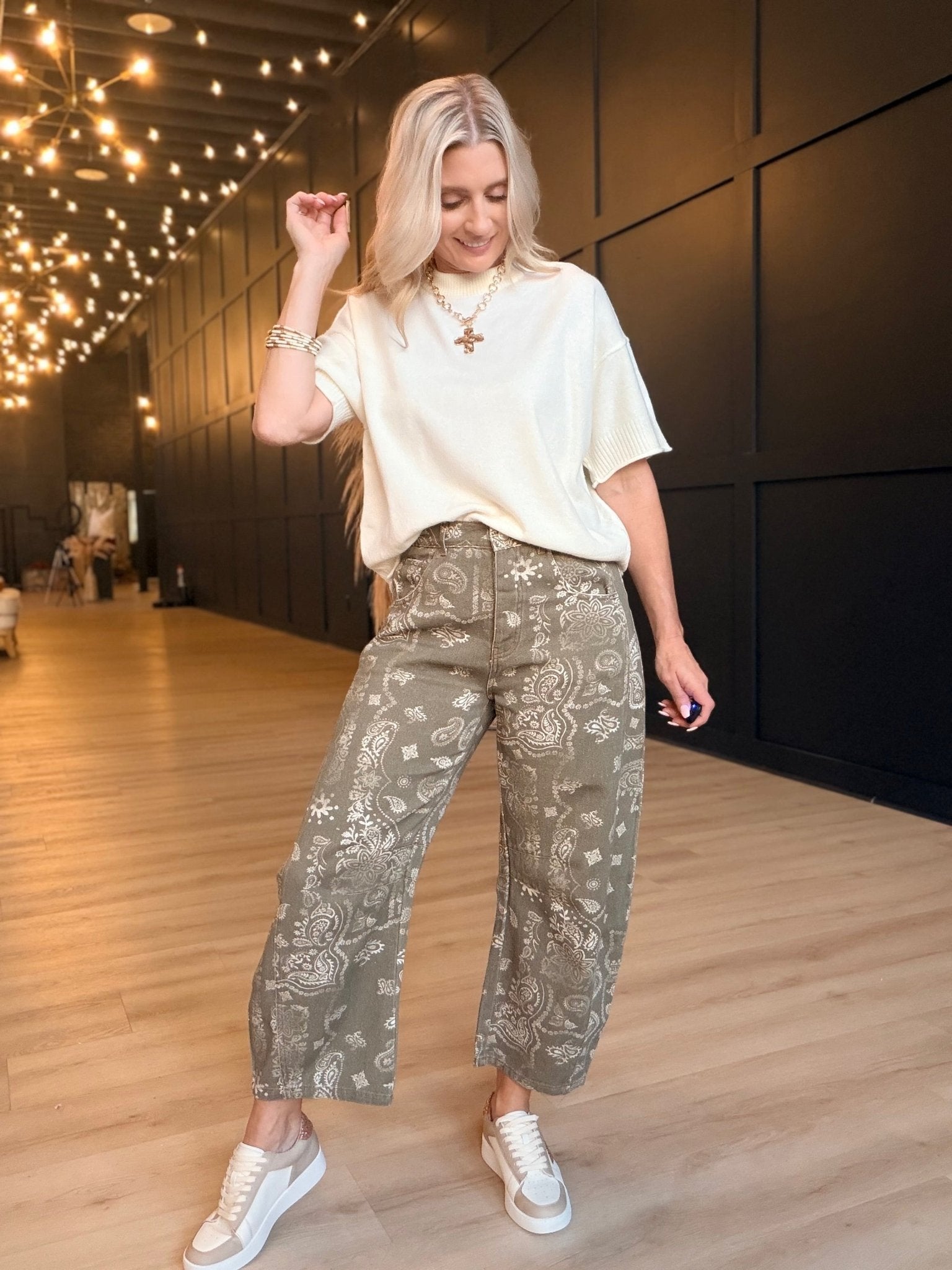 Mineral Washed Paisley Printed Barrel Jeans - Infinity Raine