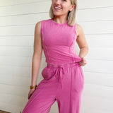 Mineral Washed Sleeveless Top & Wide Leg Pants Set In Fuchsia - Infinity Raine
