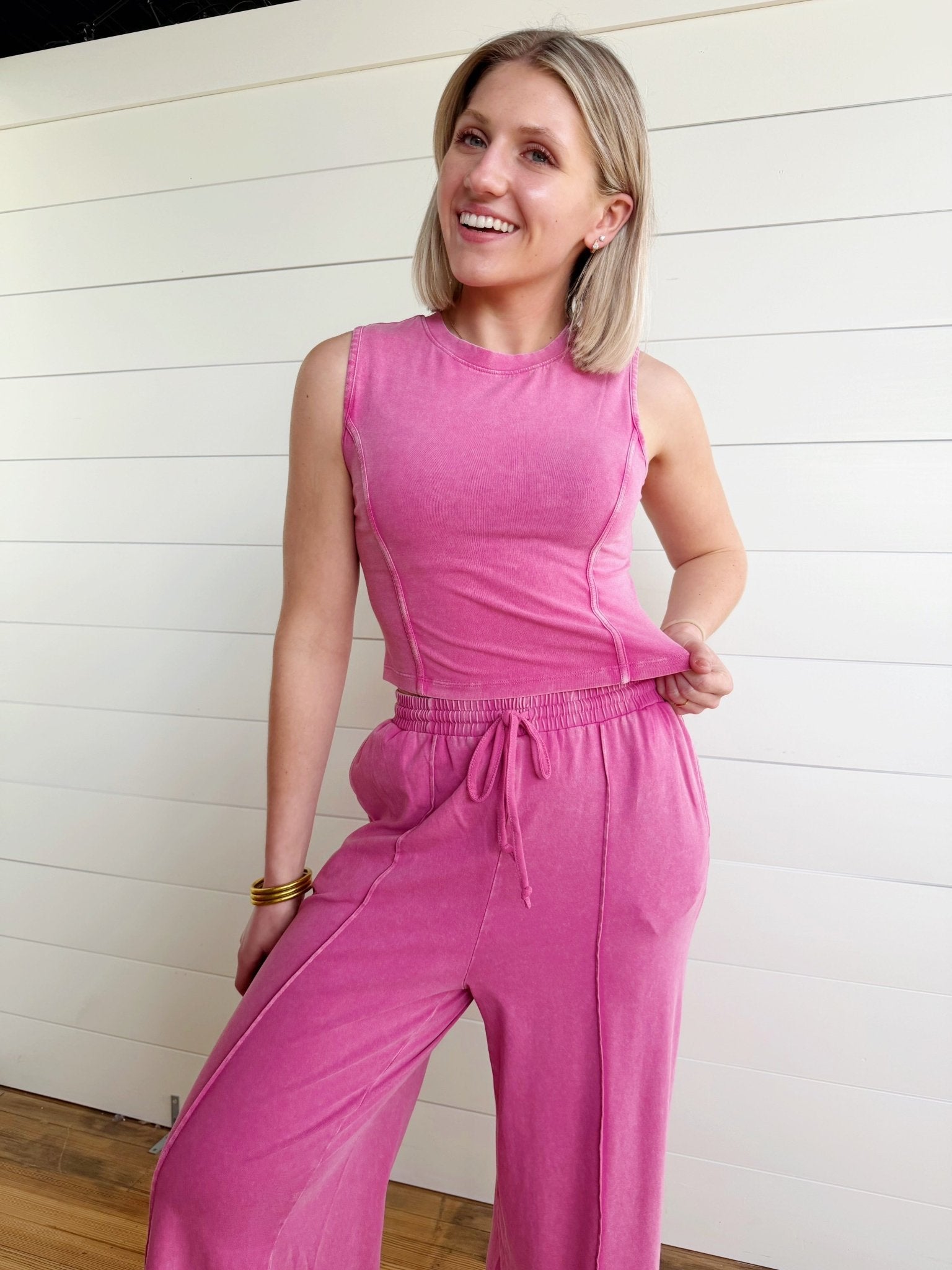 Mineral Washed Sleeveless Top & Wide Leg Pants Set In Fuchsia - Infinity Raine