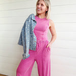 Mineral Washed Sleeveless Top & Wide Leg Pants Set In Fuchsia - Infinity Raine