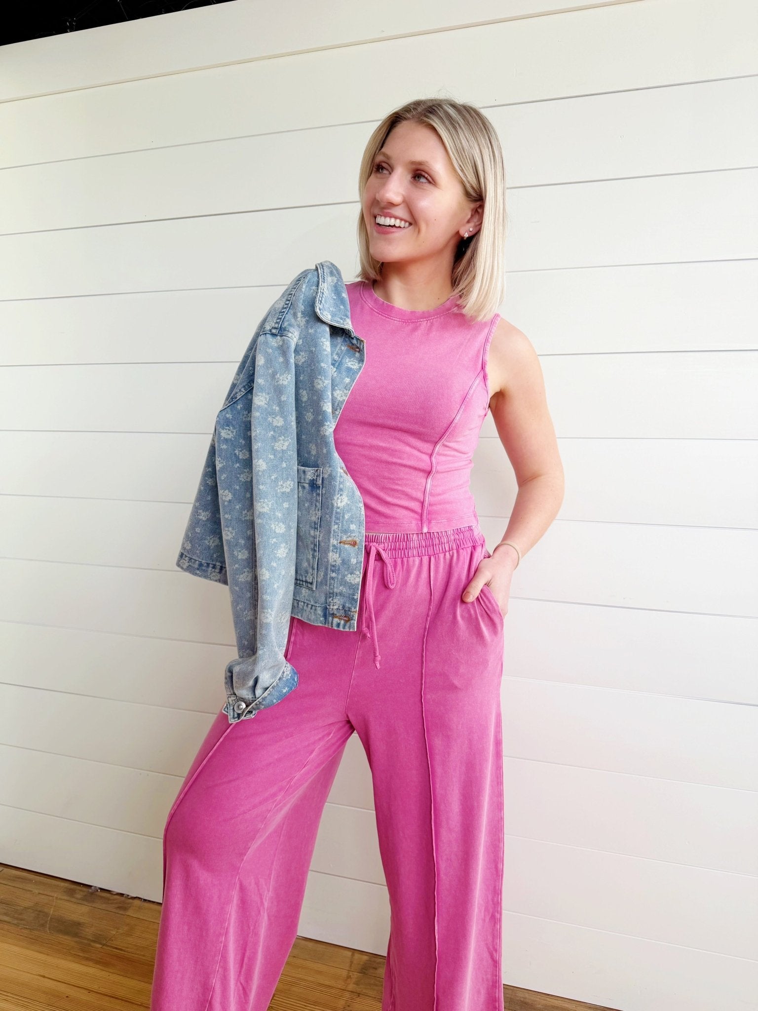 Mineral Washed Sleeveless Top & Wide Leg Pants Set In Fuchsia - Infinity Raine