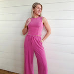 Mineral Washed Sleeveless Top & Wide Leg Pants Set In Fuchsia - Infinity Raine