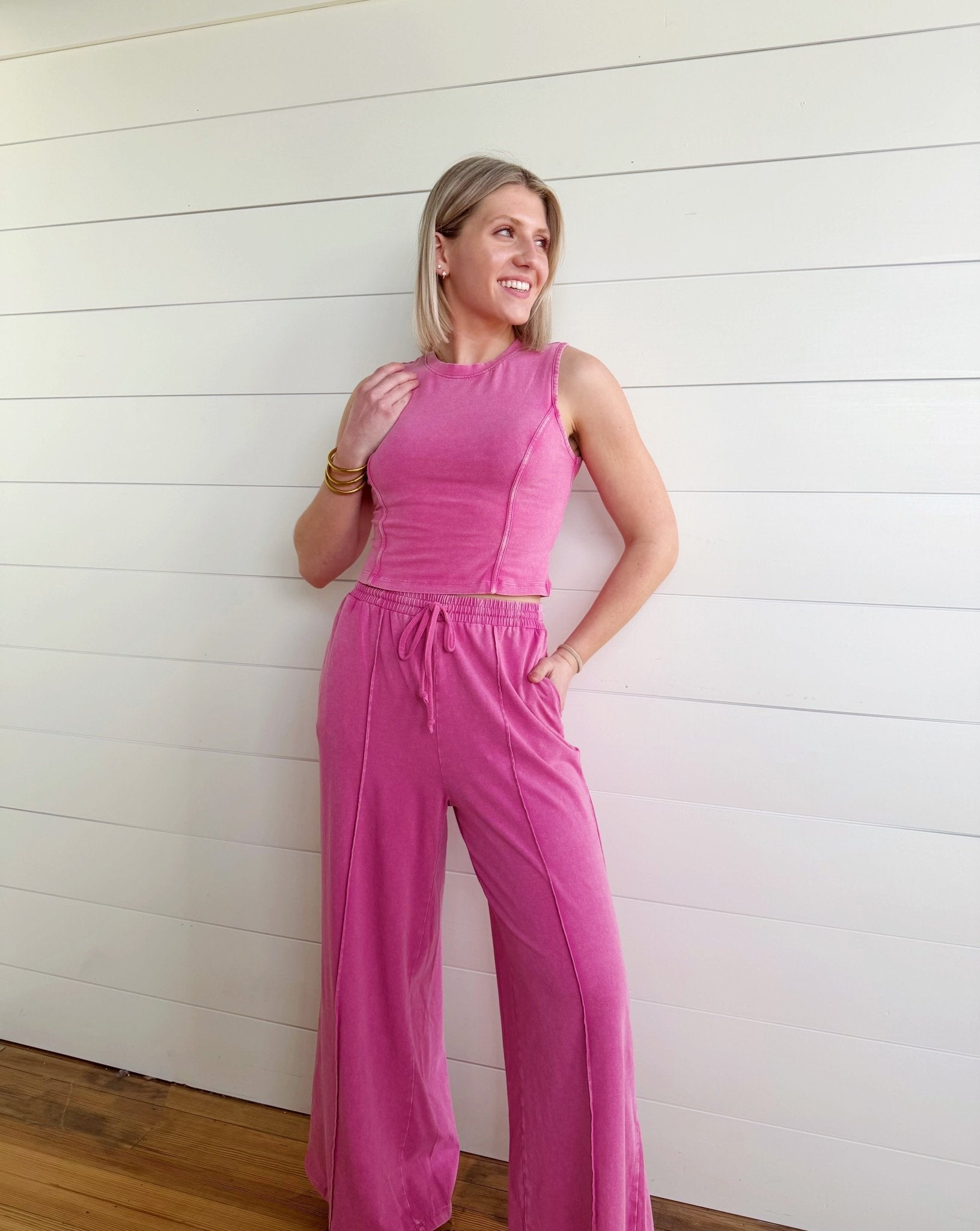 Mineral Washed Sleeveless Top & Wide Leg Pants Set In Fuchsia - Infinity Raine