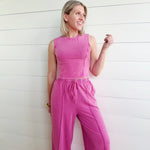 Mineral Washed Sleeveless Top & Wide Leg Pants Set In Fuchsia - Infinity Raine