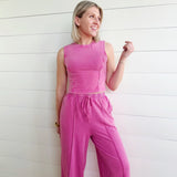 Mineral Washed Sleeveless Top & Wide Leg Pants Set In Fuchsia - Infinity Raine