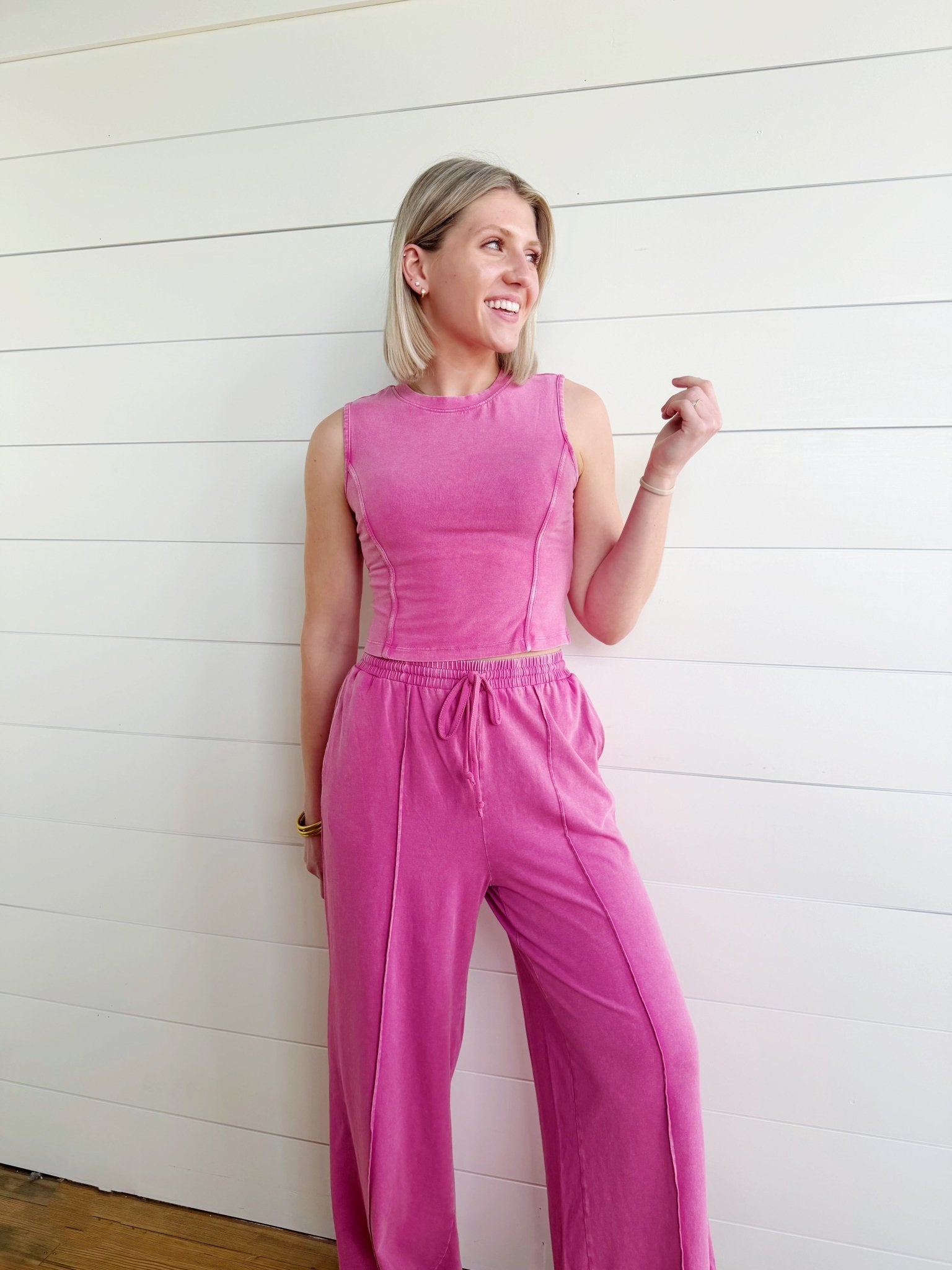 Mineral Washed Sleeveless Top & Wide Leg Pants Set In Fuchsia - Infinity Raine