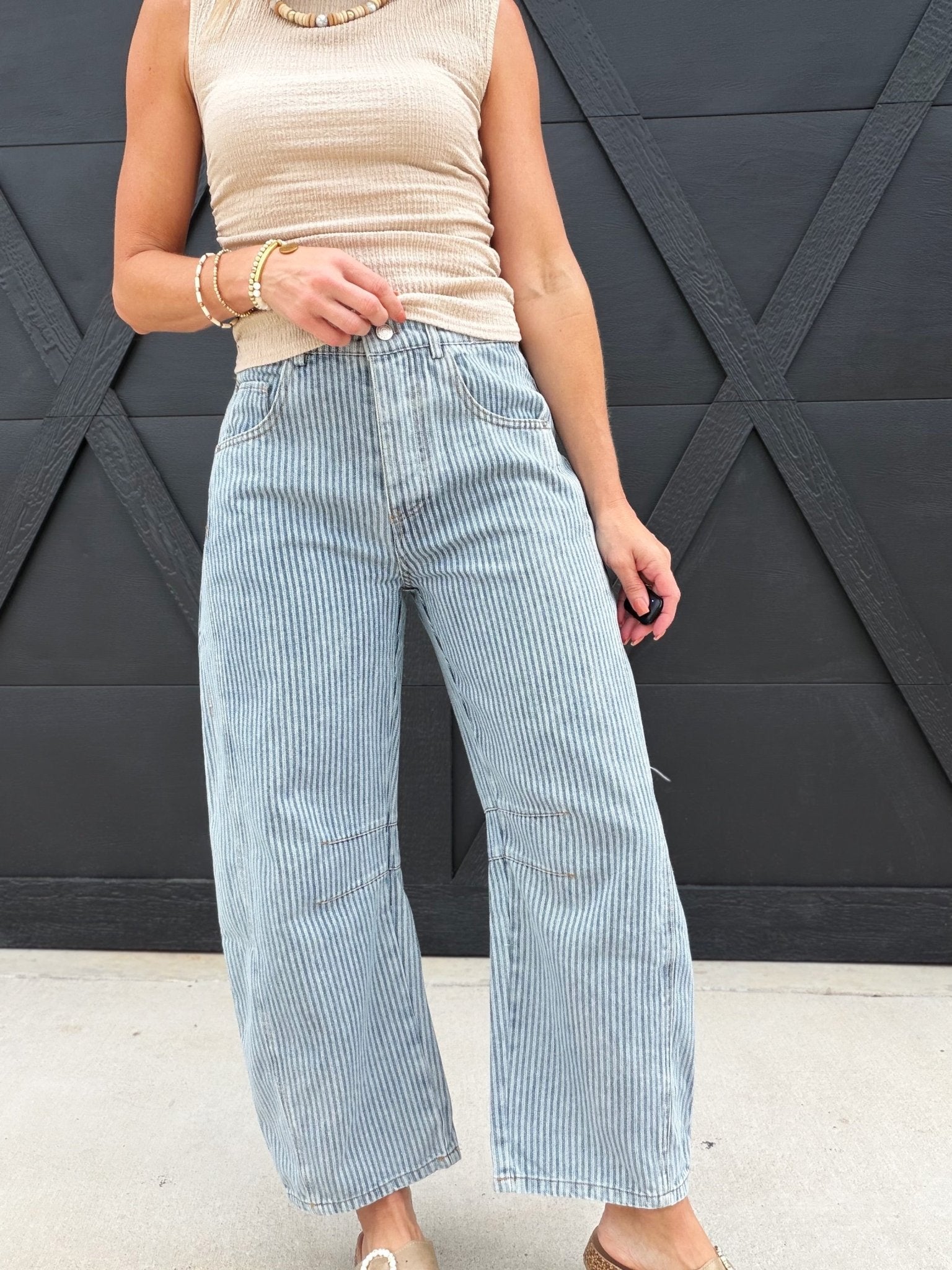 Mineral Washed Striped Barrel Pants In Denim - Infinity Raine