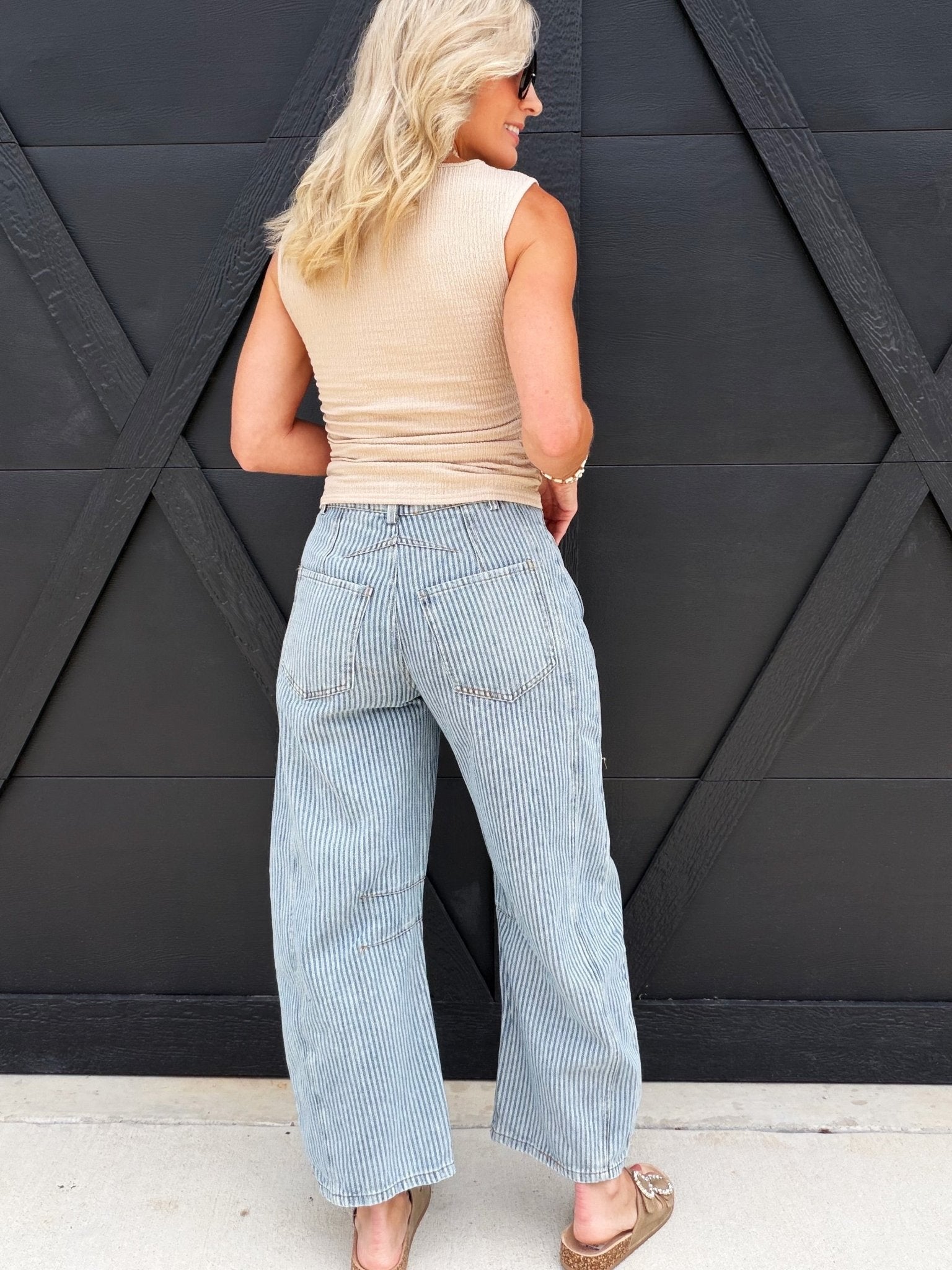 Mineral Washed Striped Barrel Pants In Denim - Infinity Raine