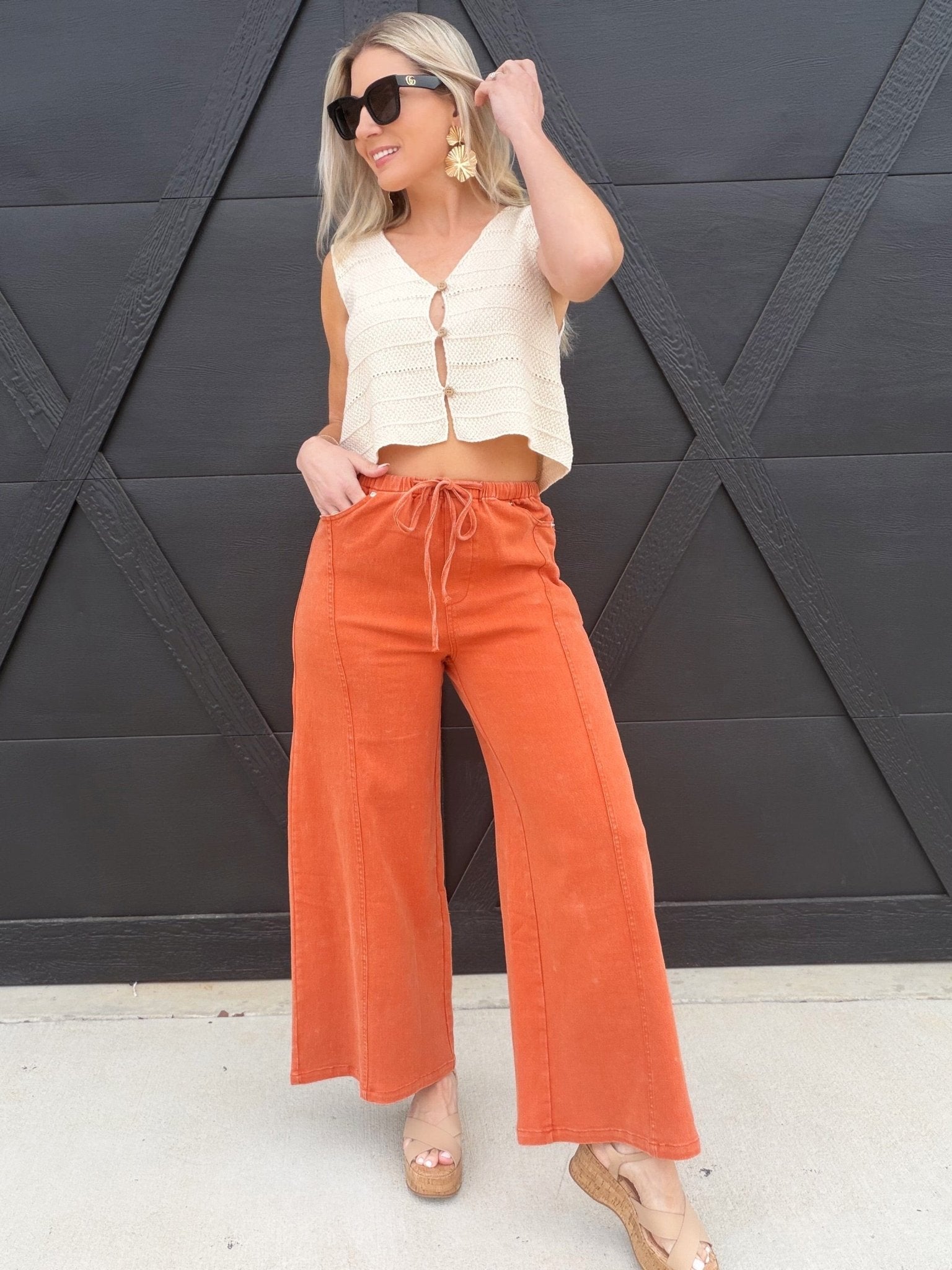Mineral Washed Tie Wide Leg Pants In Ginger Root - Infinity Raine