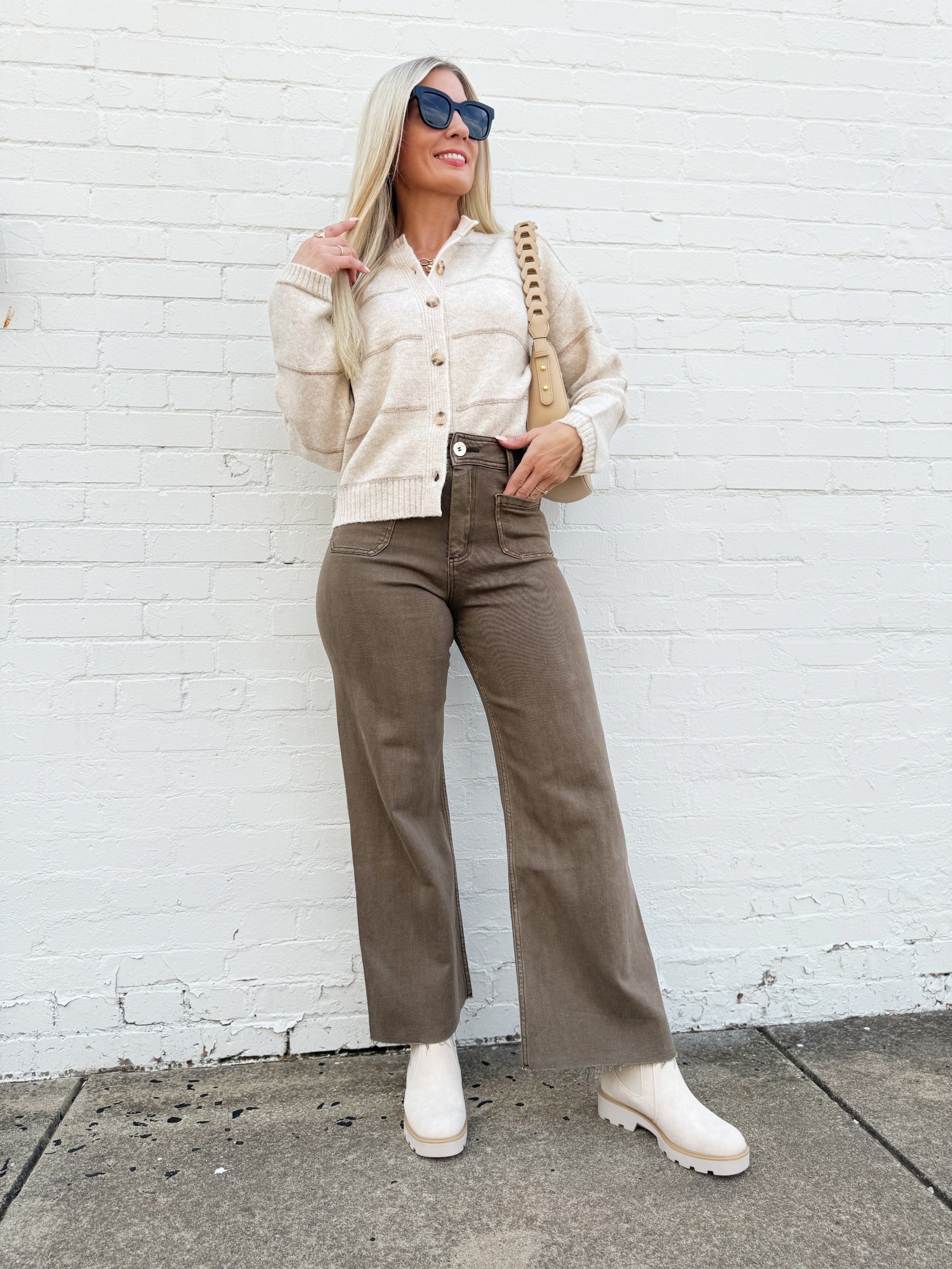 Front Pocket Wide Leg Pants In Washed Brown - Infinity Raine