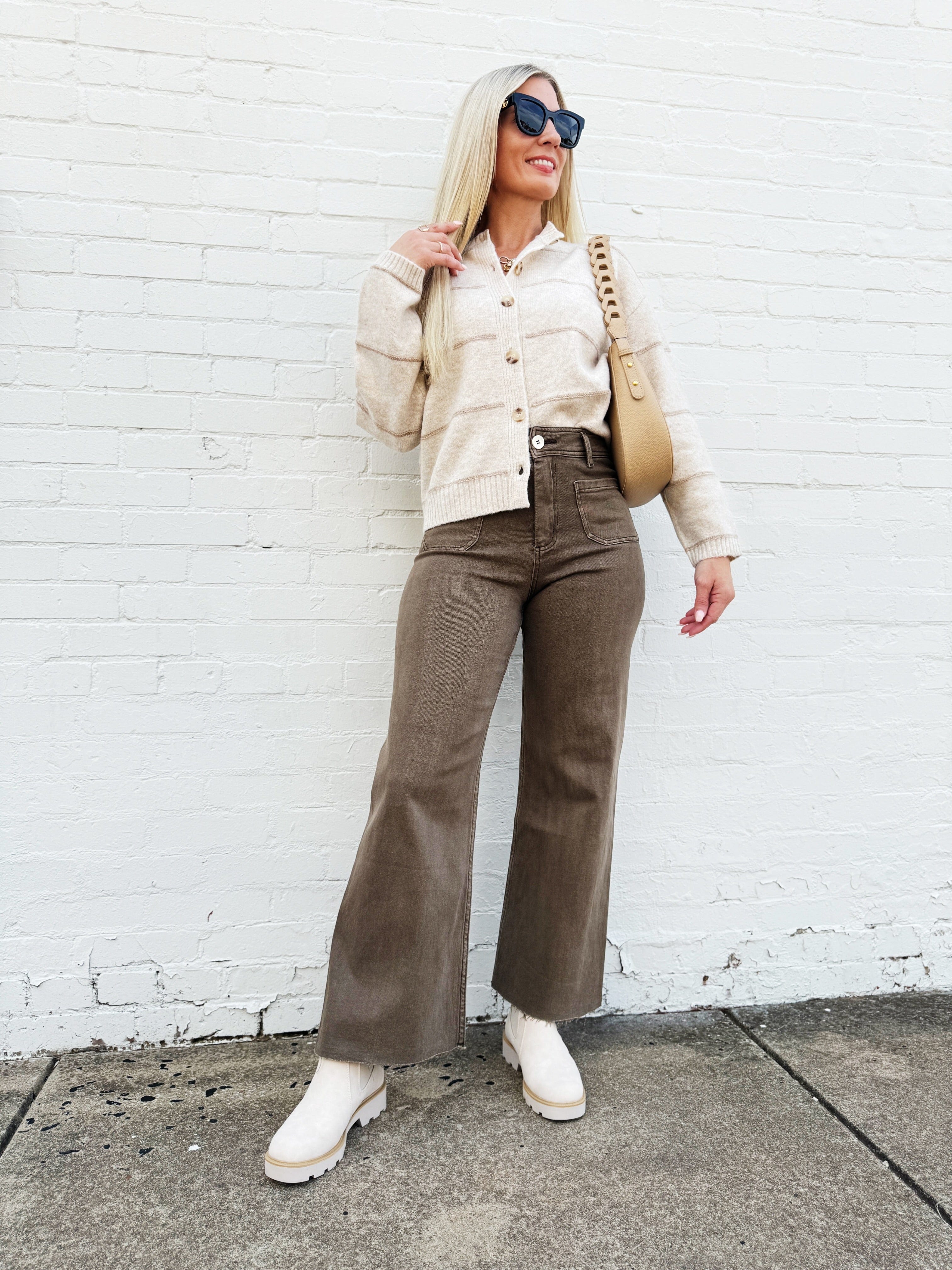 Front Pocket Wide Leg Pants In Washed Brown - Infinity Raine