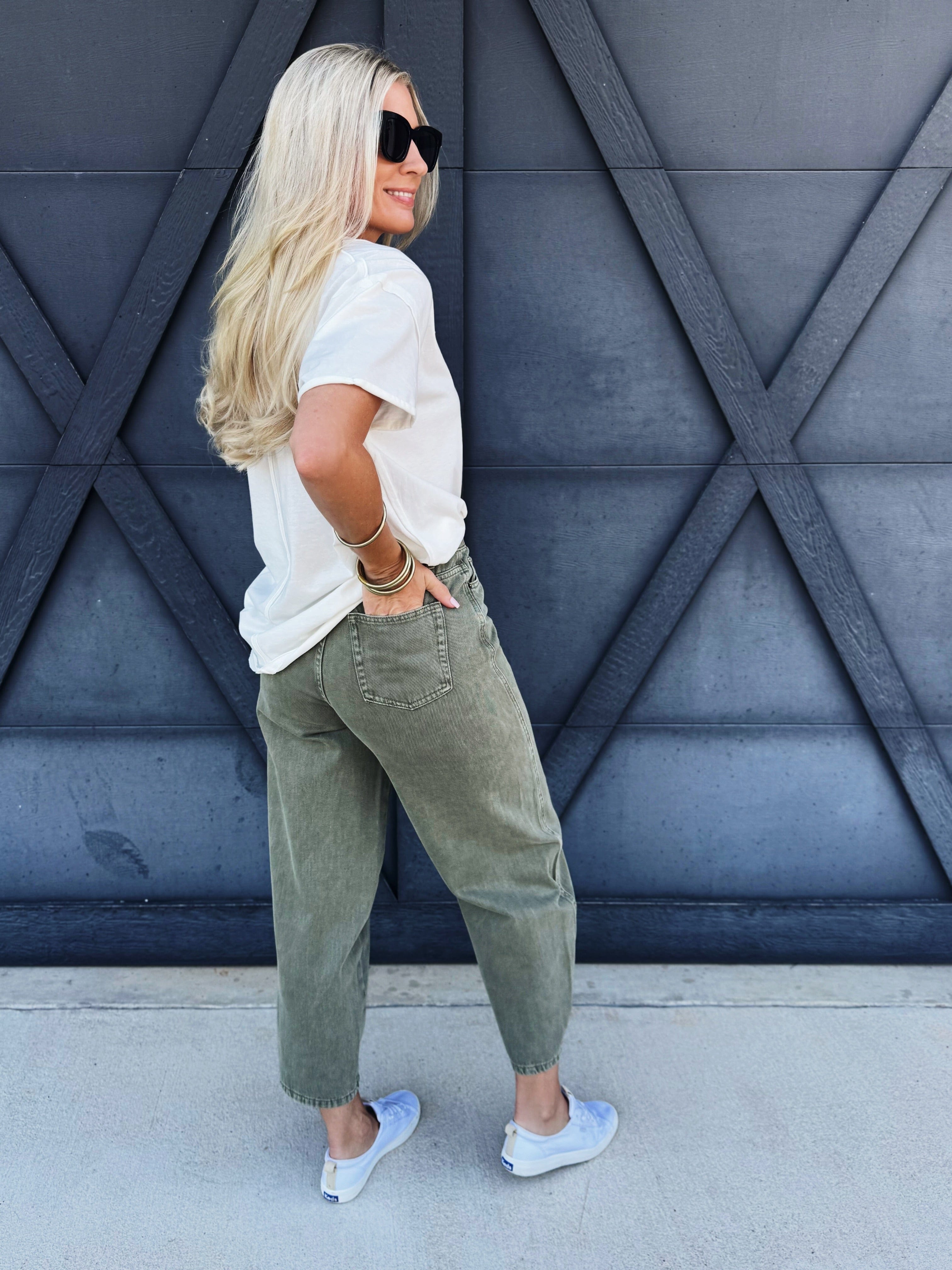 Washed Barrel Pants In Olive - Infinity Raine