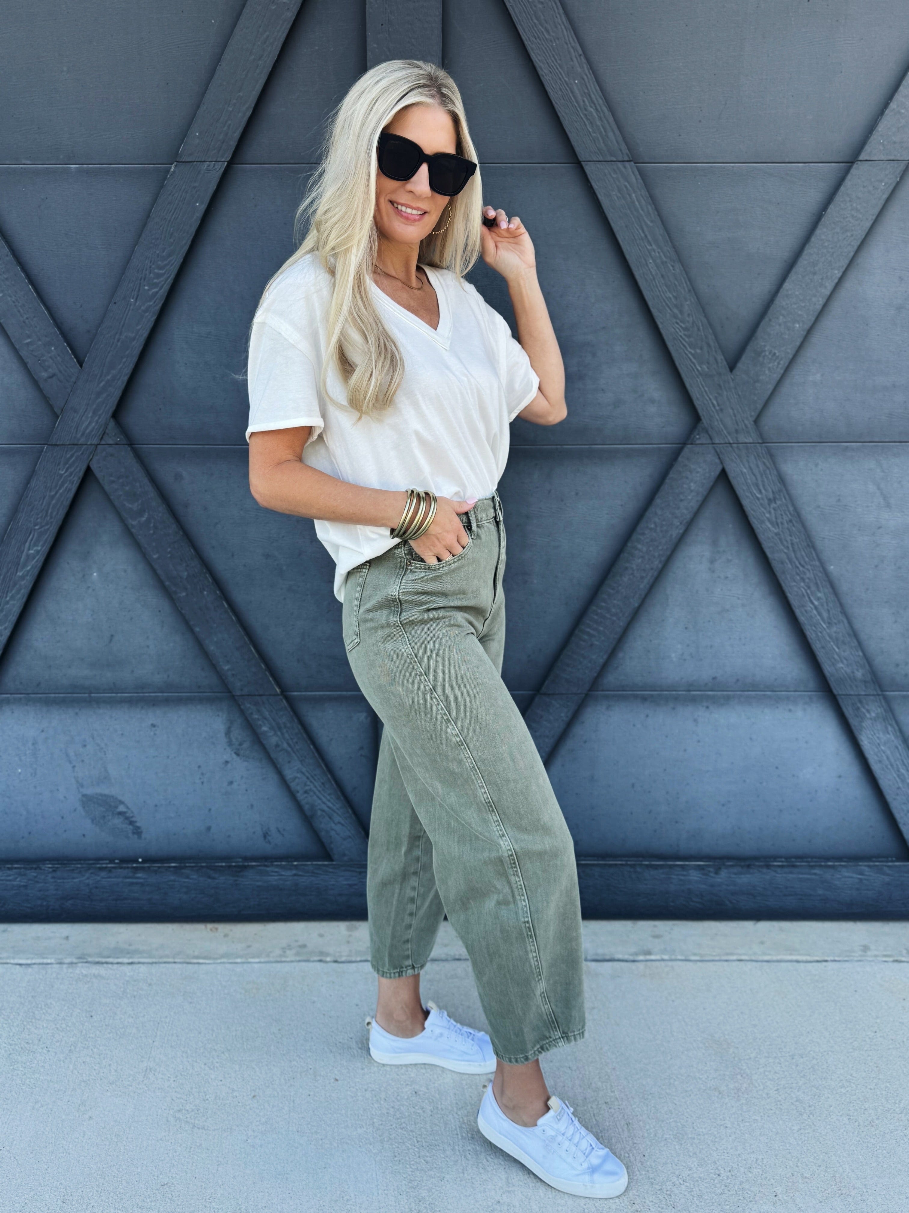 Washed Barrel Pants In Olive - Infinity Raine