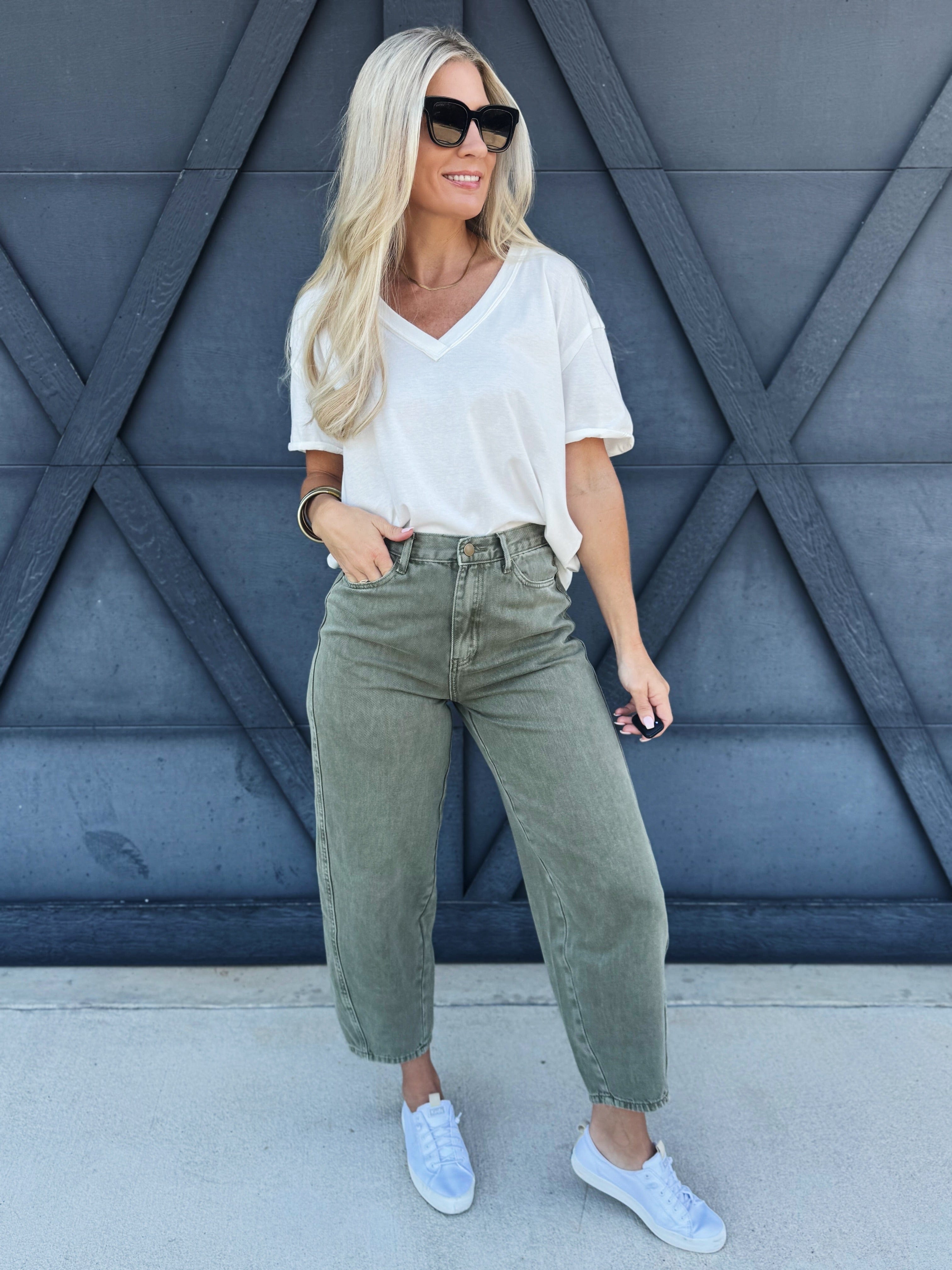 Washed Barrel Pants In Olive - Infinity Raine