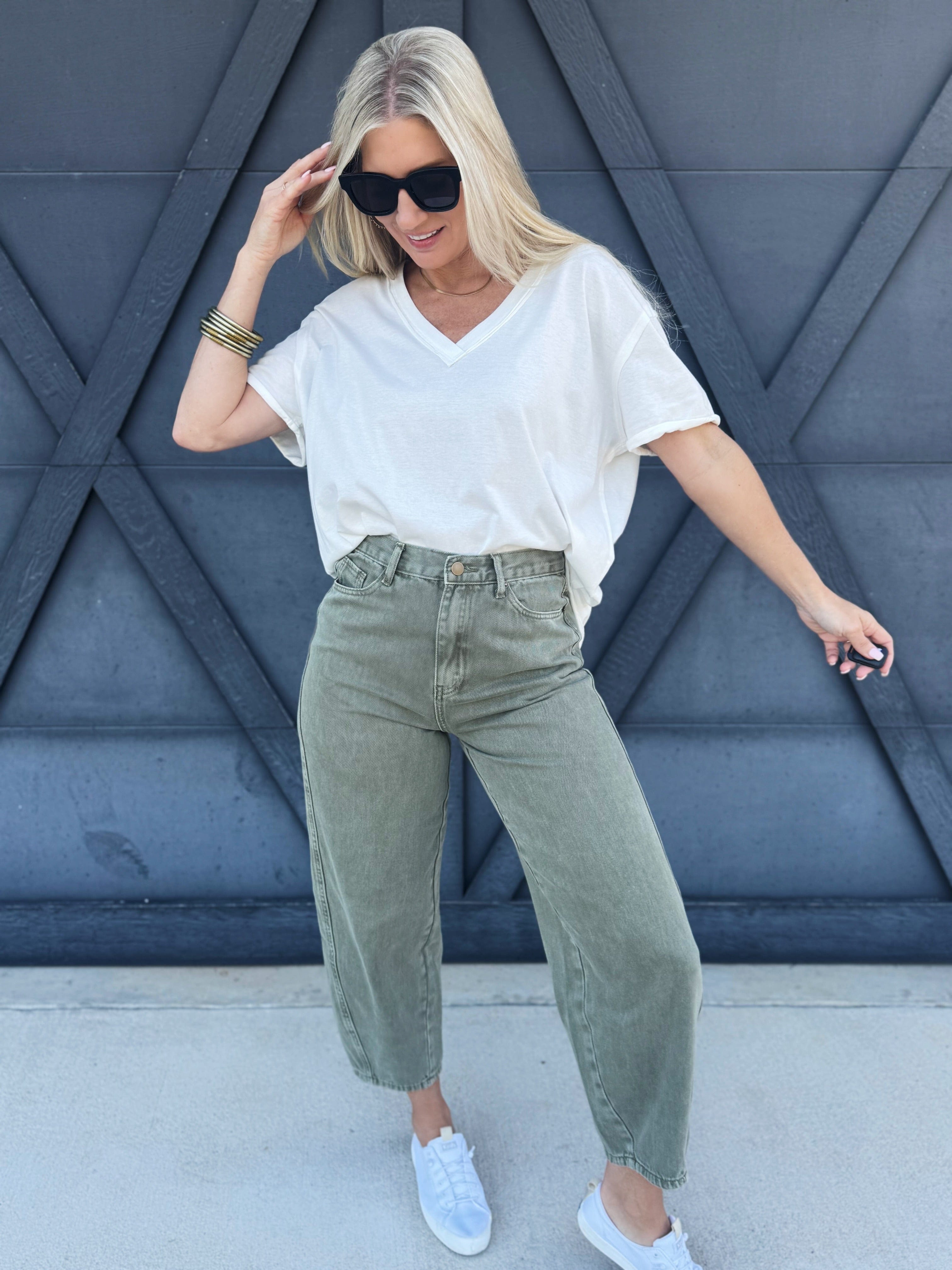 Washed Barrel Pants In Olive - Infinity Raine