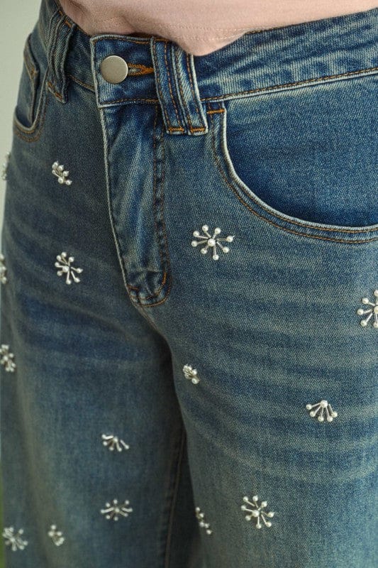 Miou Muse Bottoms - Pants Washed Denim Jeans With Bead Trim