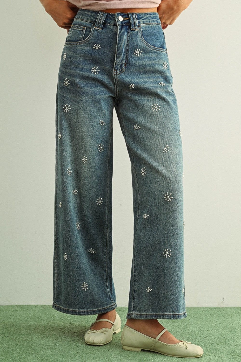 Miou Muse Bottoms - Pants Washed Denim Jeans With Bead Trim