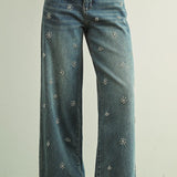 Miou Muse Bottoms - Pants Washed Denim Jeans With Bead Trim