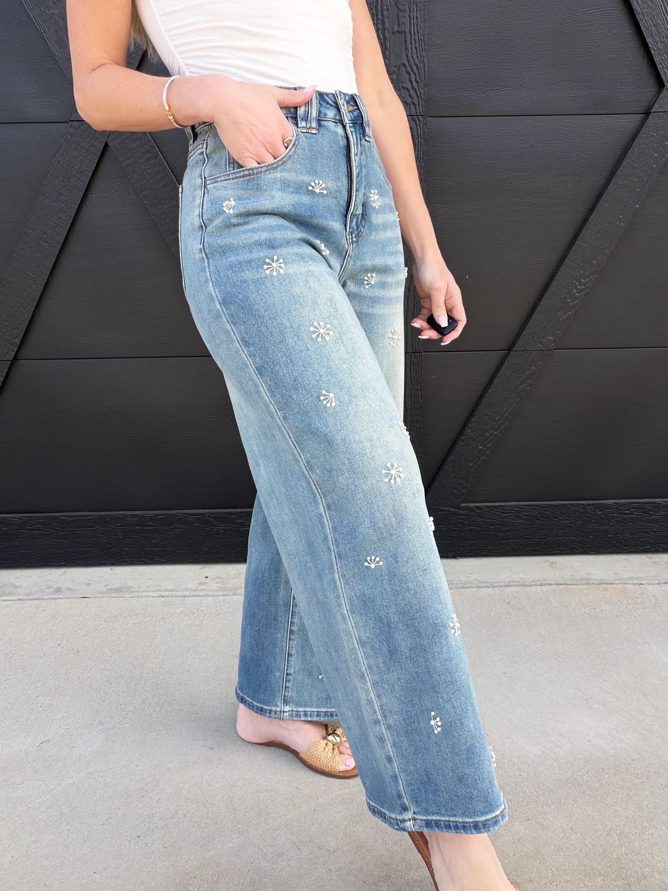 Miou Muse Bottoms - Pants Washed Denim Jeans With Bead Trim