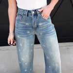 Miou Muse Bottoms - Pants Washed Denim Jeans With Bead Trim