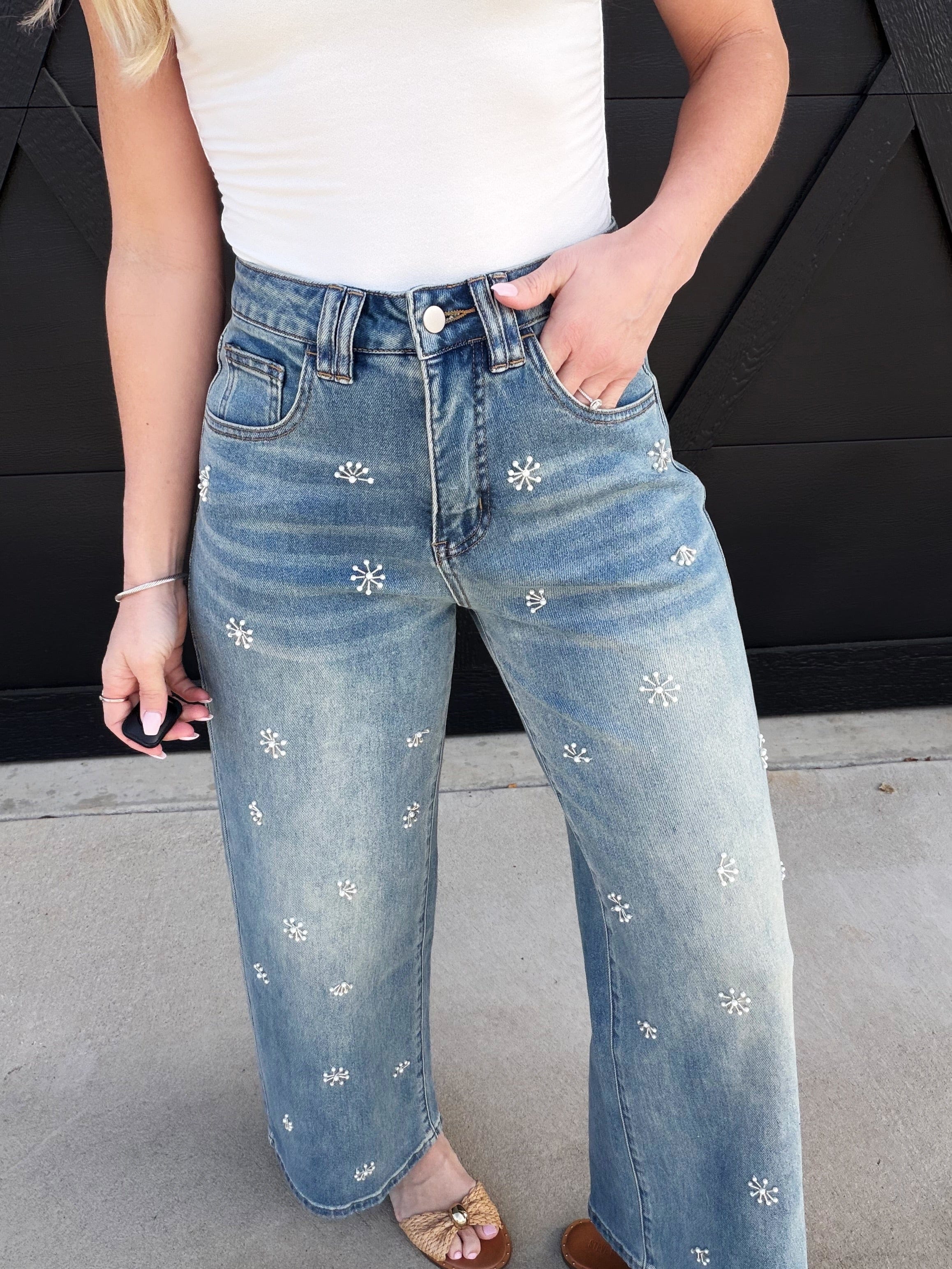 Miou Muse Bottoms - Pants Washed Denim Jeans With Bead Trim