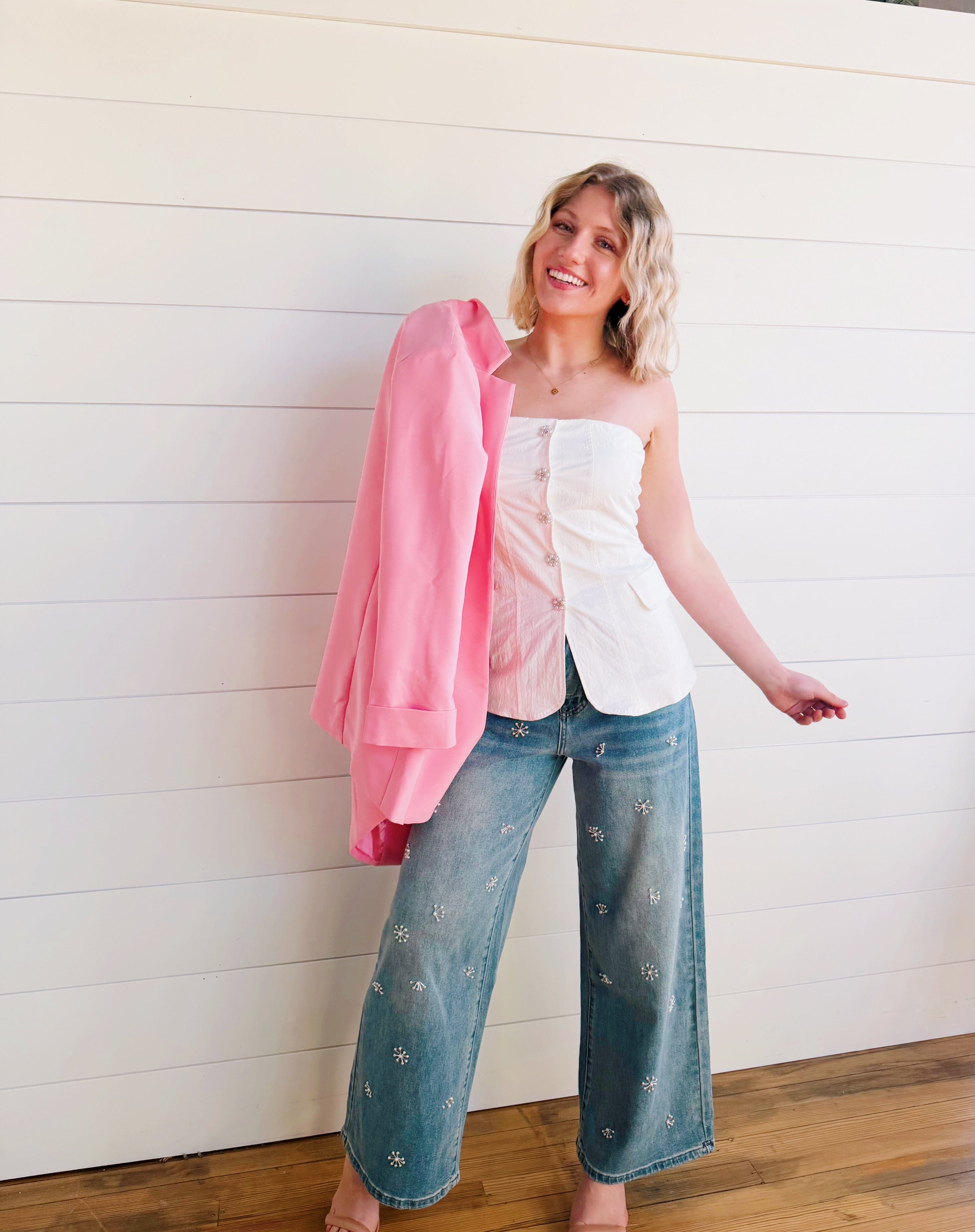 Miou Muse Bottoms - Pants Washed Denim Jeans With Bead Trim