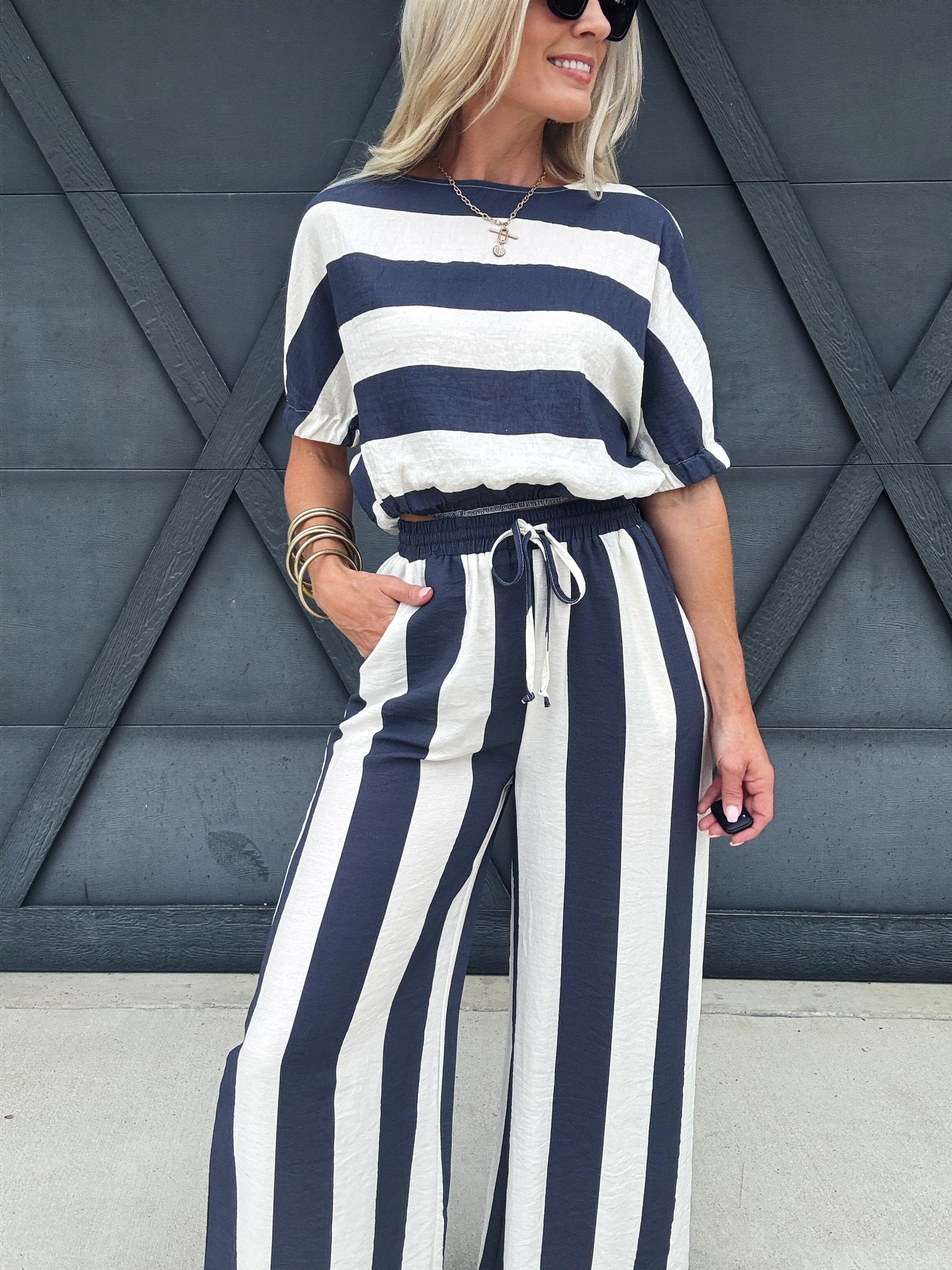 Wide Leg Stripe Pants In Navy - Infinity Raine