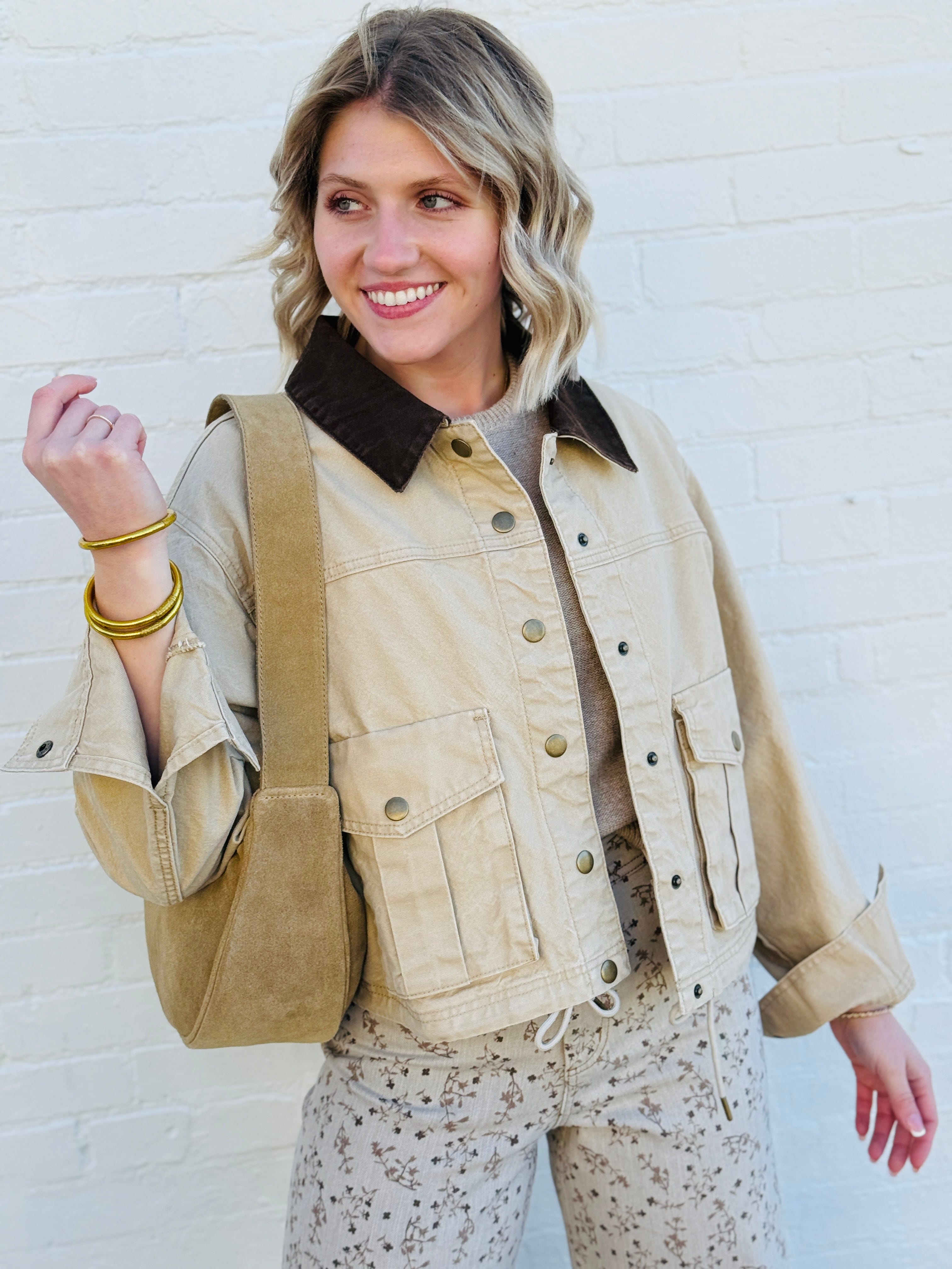 Miou Muse Outerwear - Jackets & Coats Collar Contrast Utility Jacket In Beige