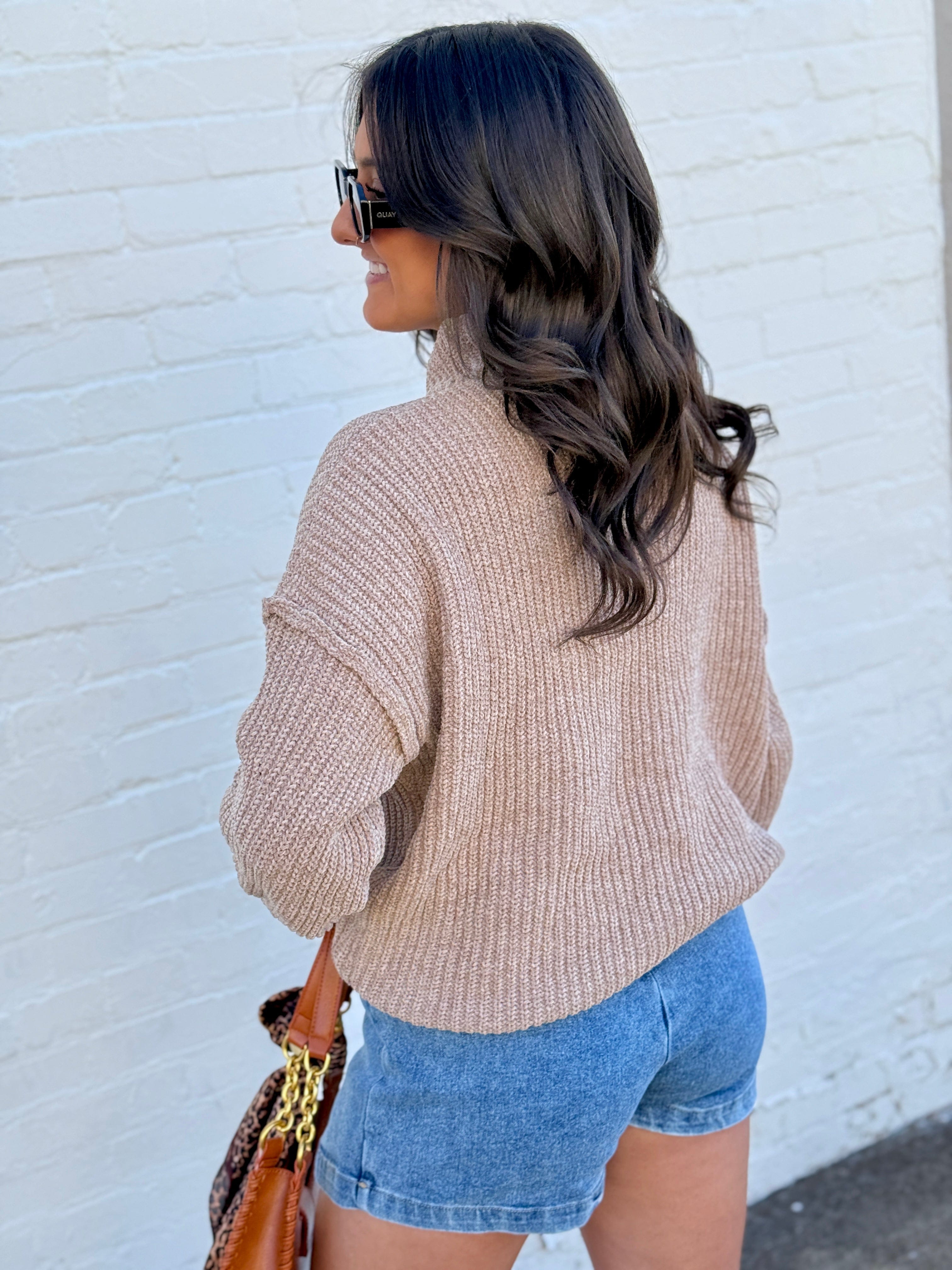 Miou Muse Tops - Sweaters Chenille High Neck Sweater Top In Sand