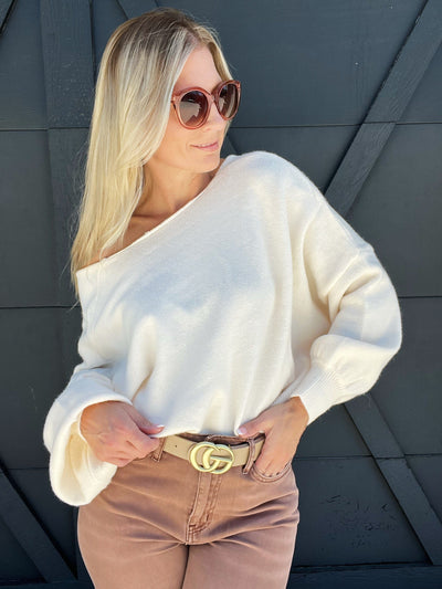 Reversible Puff Sleeve Cropped Knit Sweater-Ivory - Infinity Raine