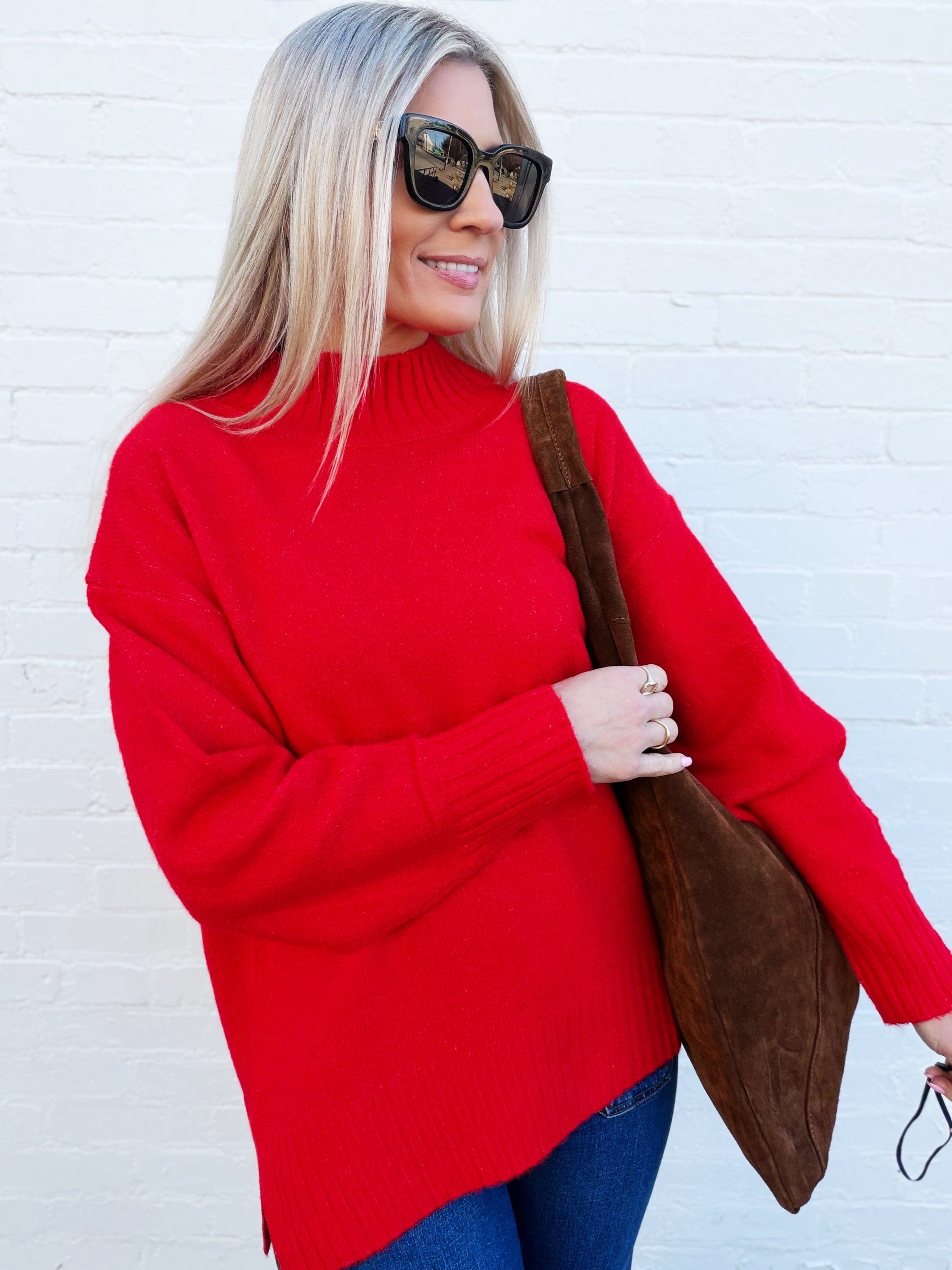 MIRACLE Tops - Sweaters Ribbed Trim Mock Neck Sweater Top In Red