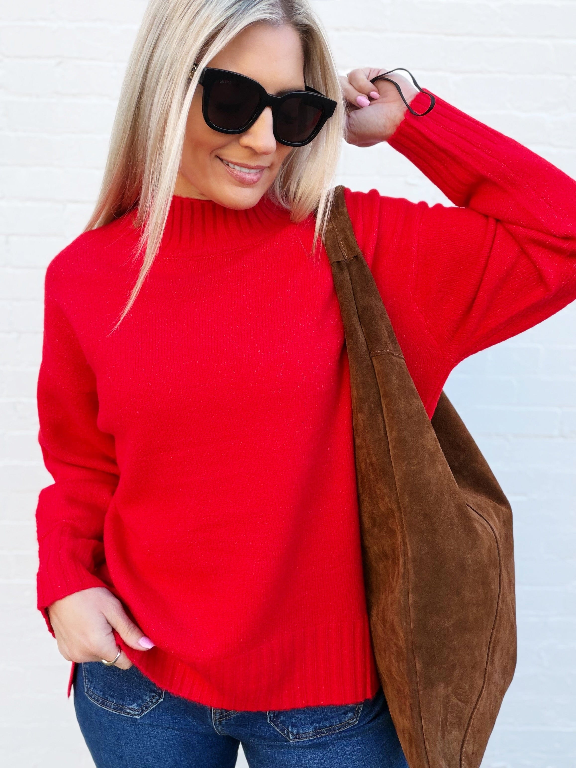 MIRACLE Tops - Sweaters Ribbed Trim Mock Neck Sweater Top In Red