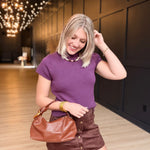Mock Neck Short Sleeve Knit Top- Red Bean - Infinity Raine