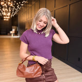 Mock Neck Short Sleeve Knit Top- Red Bean - Infinity Raine