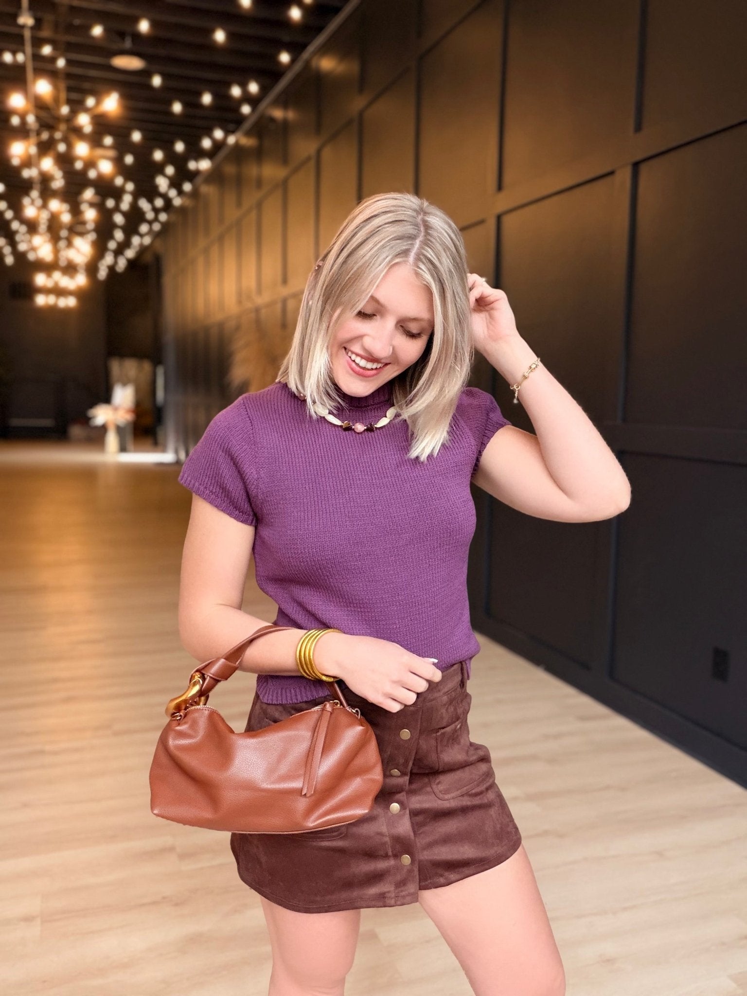 Mock Neck Short Sleeve Knit Top- Red Bean - Infinity Raine