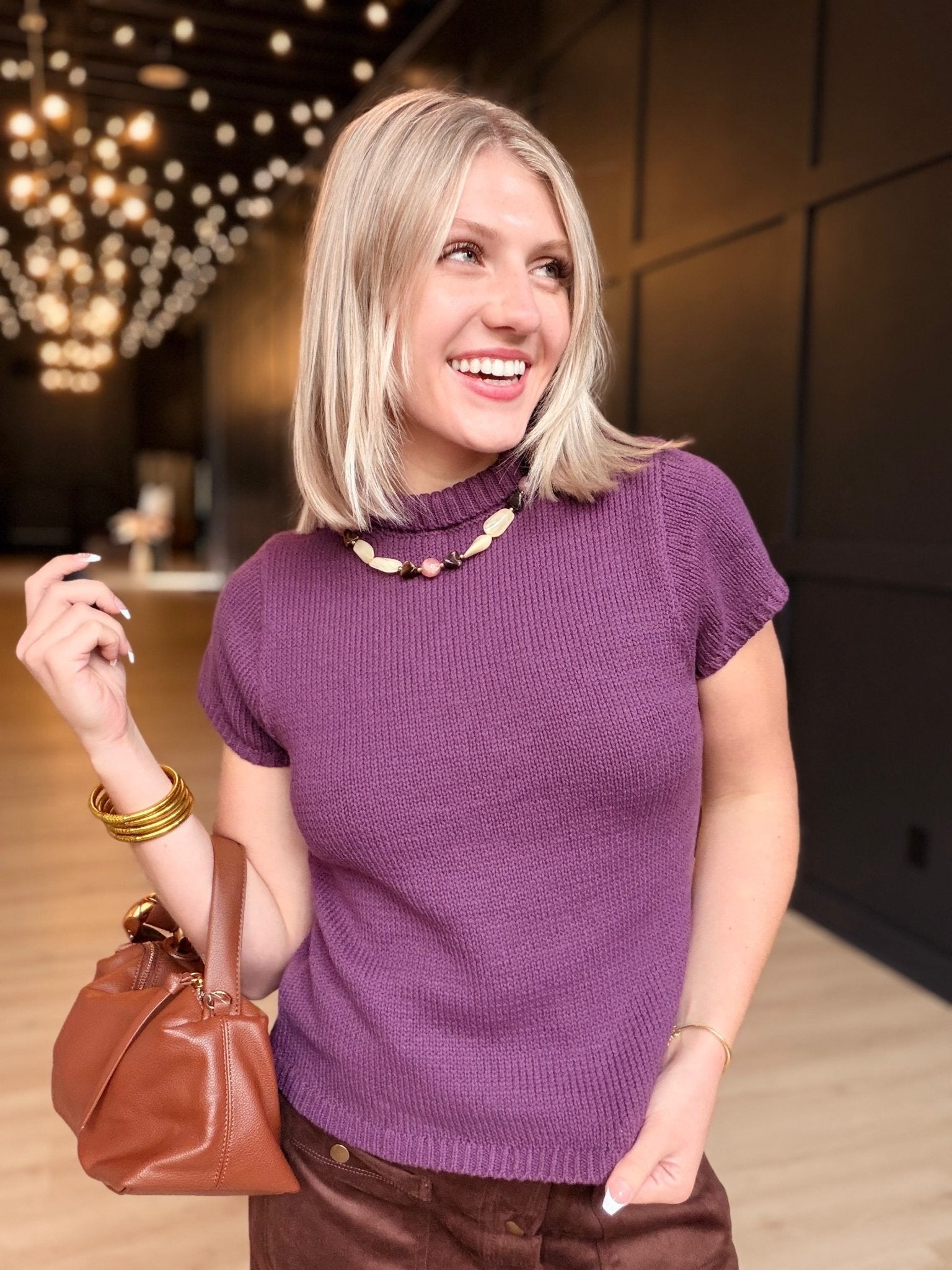 Mock Neck Short Sleeve Knit Top- Red Bean - Infinity Raine