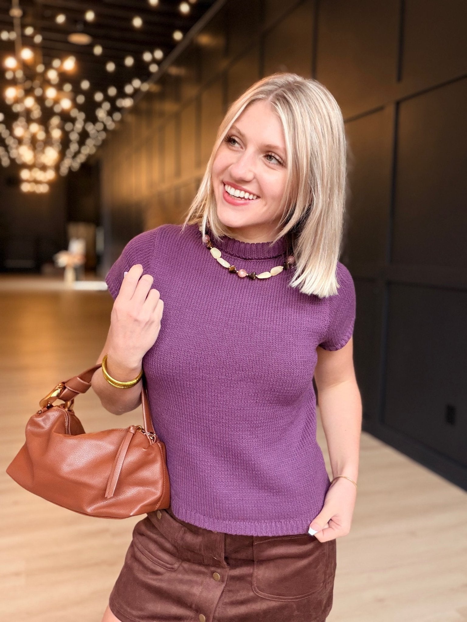 Mock Neck Short Sleeve Knit Top- Red Bean - Infinity Raine
