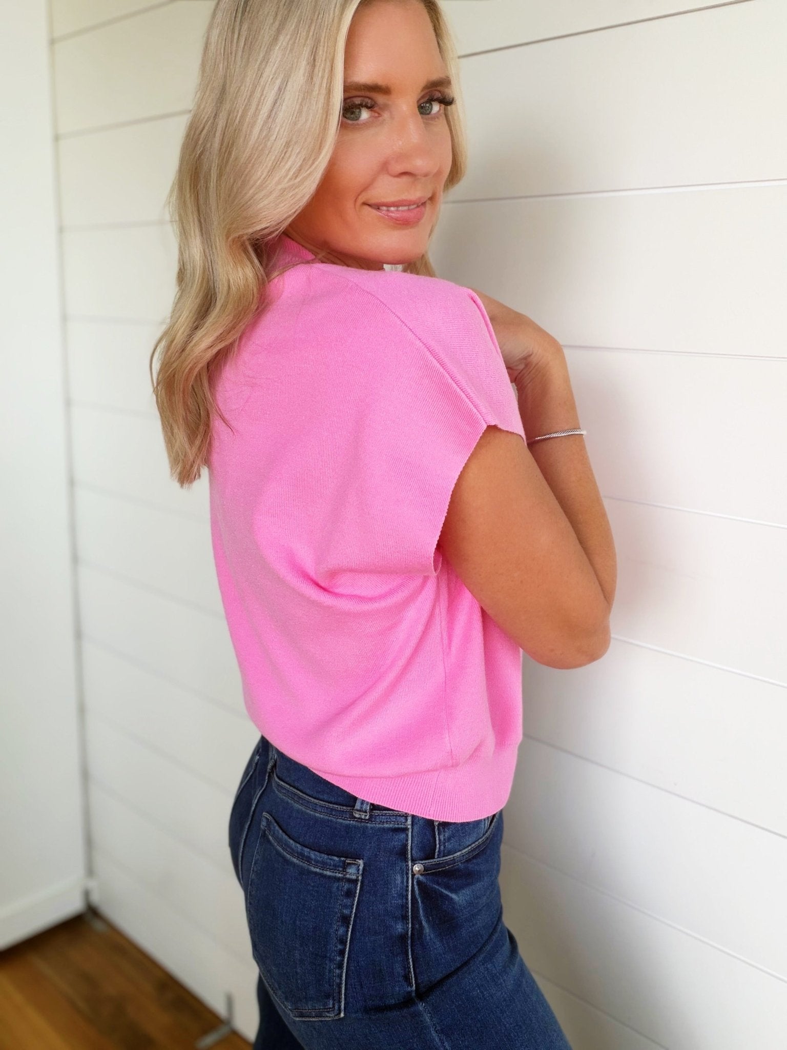 Mock Neck Short Sleeve Top In Baby Pink - Infinity Raine