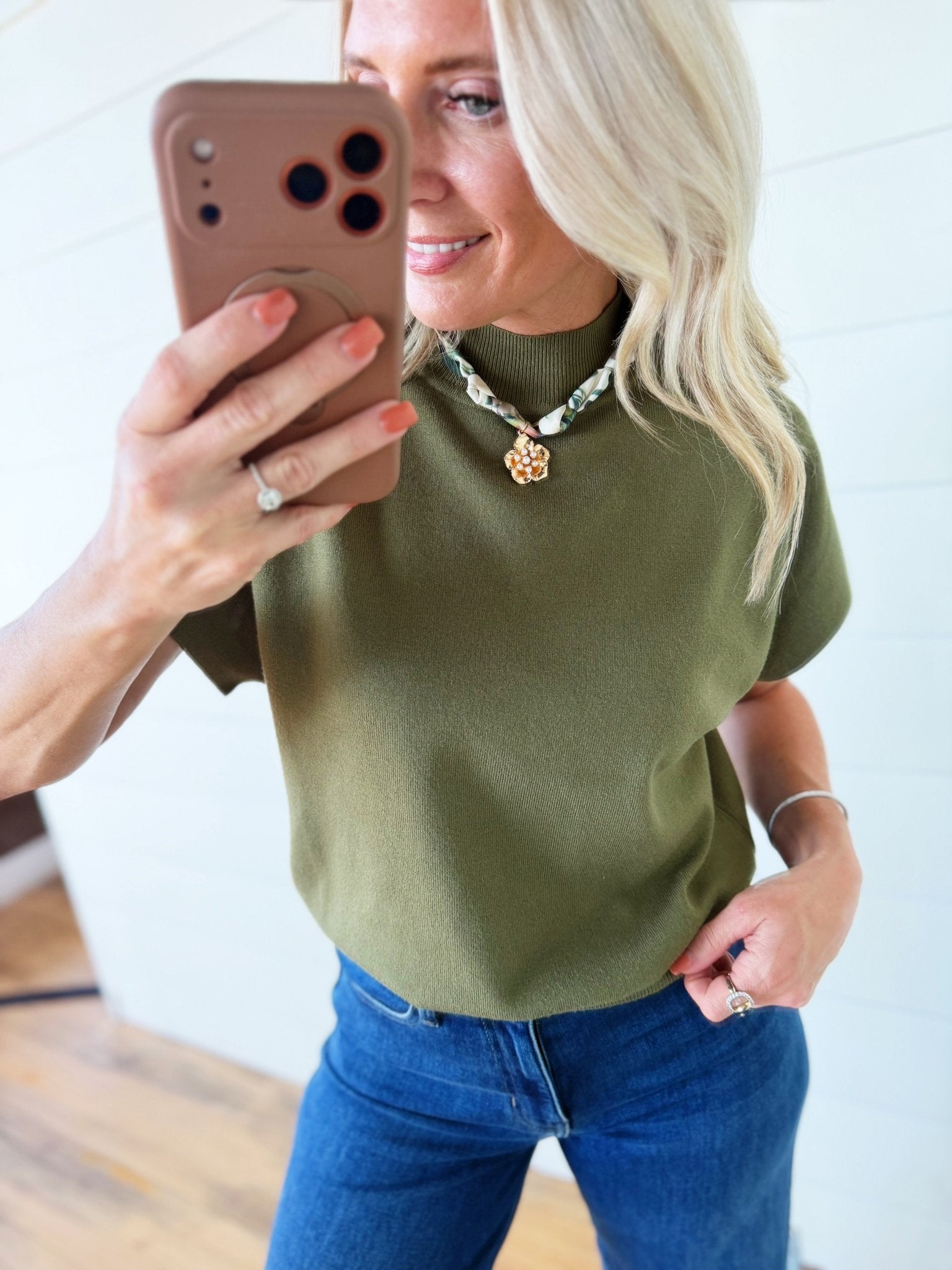 Mock Neck Short Sleeve Top In Olive - Infinity Raine