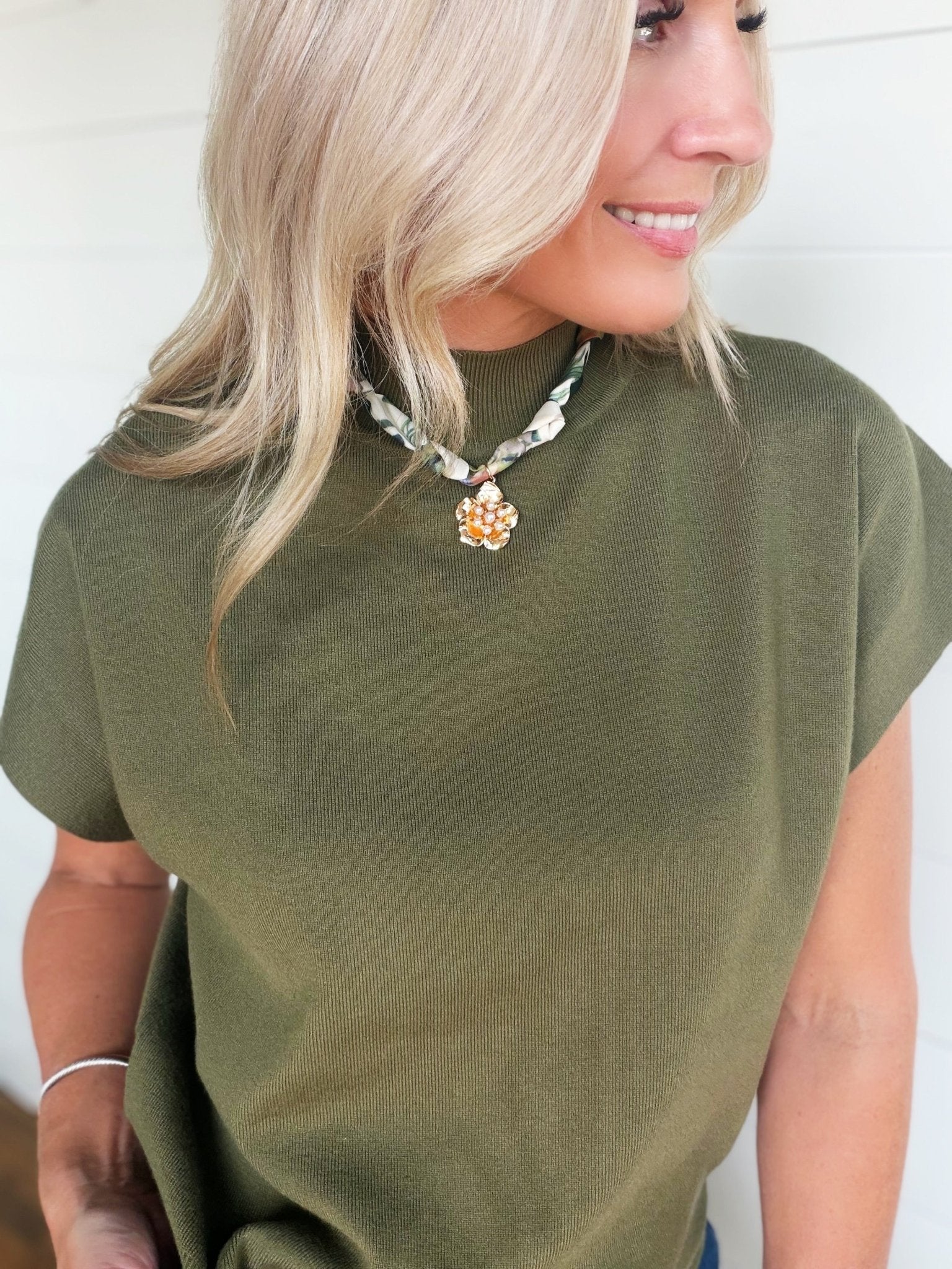 Mock Neck Short Sleeve Top In Olive - Infinity Raine