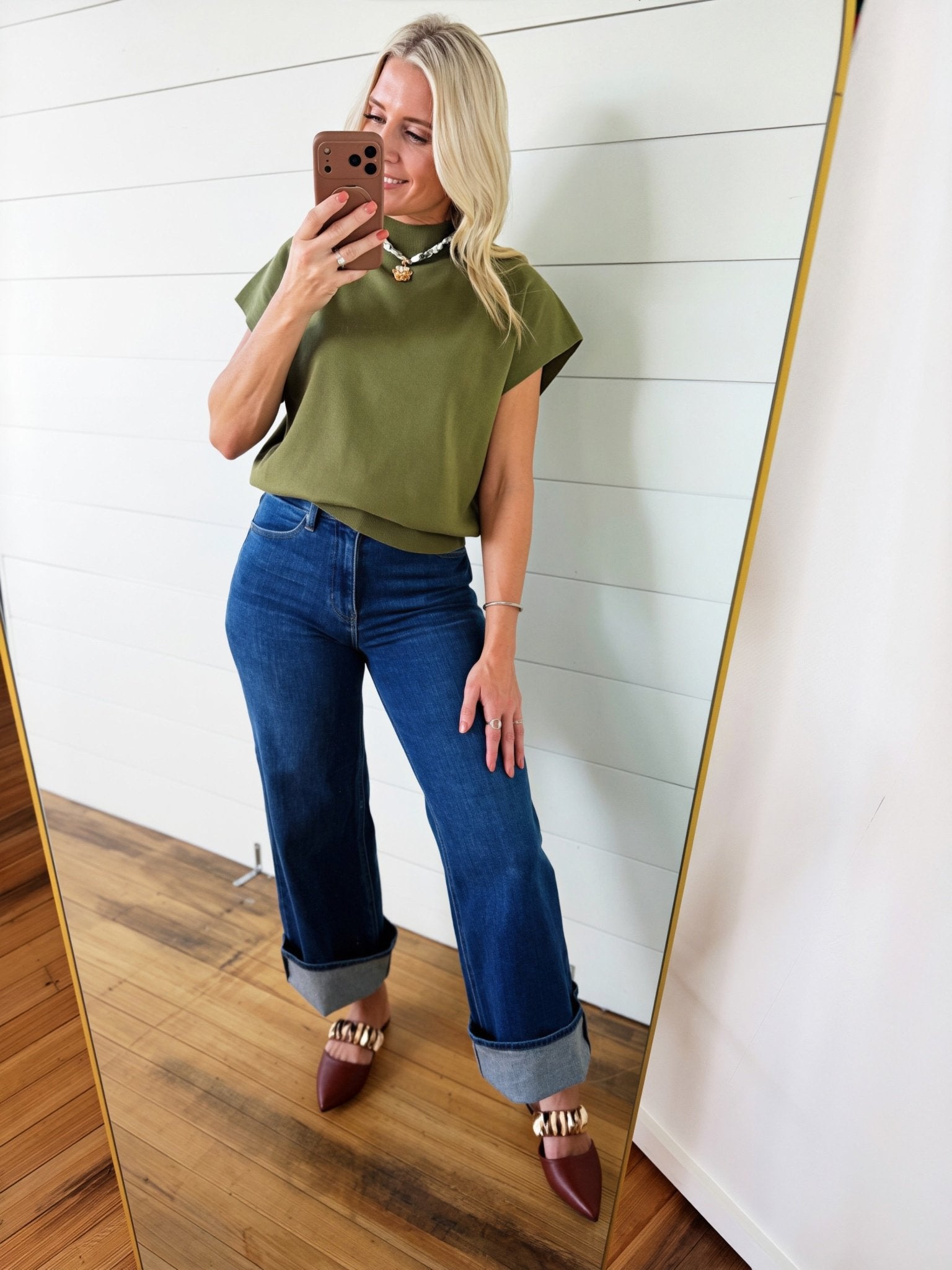 Mock Neck Short Sleeve Top In Olive - Infinity Raine