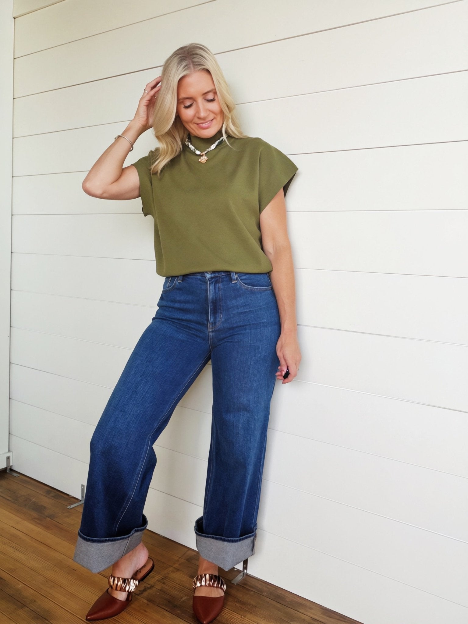 Mock Neck Short Sleeve Top In Olive - Infinity Raine