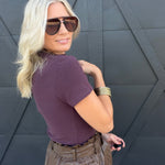 Mock Neck Short Sleeve Top In Red Bean - Infinity Raine